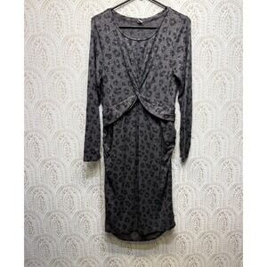 Old Navy Maternity Dress Womens L Gray Leopard Twist Front Ruched Long Sleeve